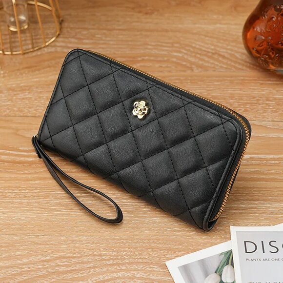 $10 ADD ON ITEM - Black Quilted Wallet Leather Wristlet Flower Zip Clutch Purse - Picture 4 of 4